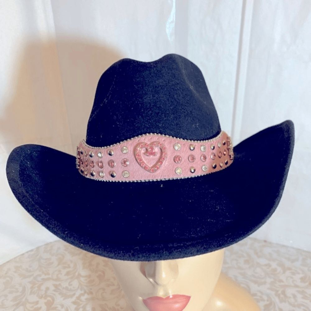 BullHide Cowgirl Cowboy Hat Black Wool Pink Calf Hair Jewel Studded Hatband S/M - Picture 3 of 8